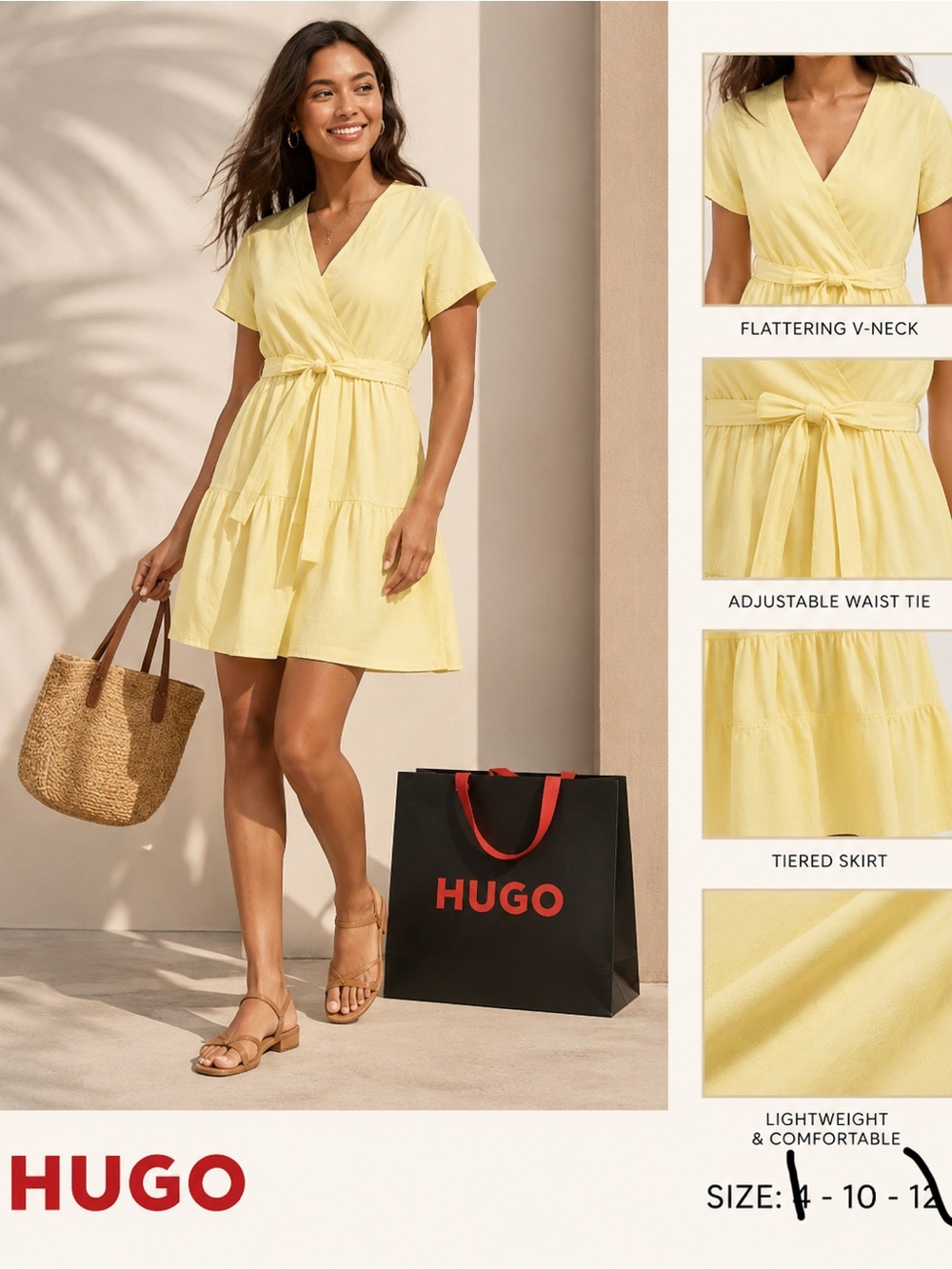 HUGO Sunny Yellow V-Neck Tie-Waist Mini Dress